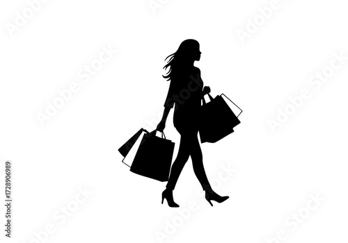 A stylish woman enjoys shopping, carrying bags, a silhouette figure.