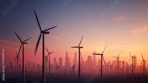 Wind turbines at sunset over a field