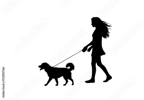 Silhouette of a woman walking a dog, creating a dynamic image of companionship and outdoor activity.