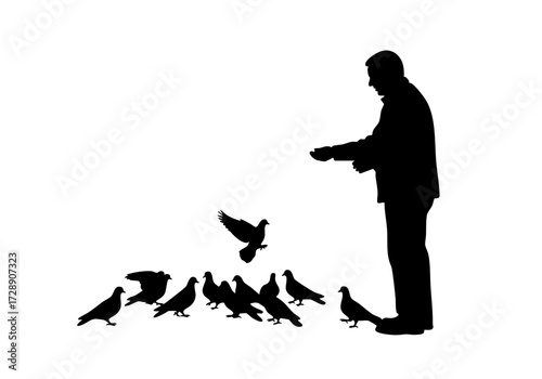 A silhouette of a person feeding pigeons in the public square.