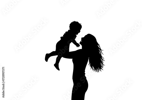 Silhouette of a mother joyfully lifting her child high in the air. 