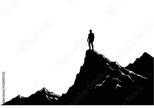 A solitary figure stands triumphantly atop a majestic mountain peak, gazing at the vast horizon.
