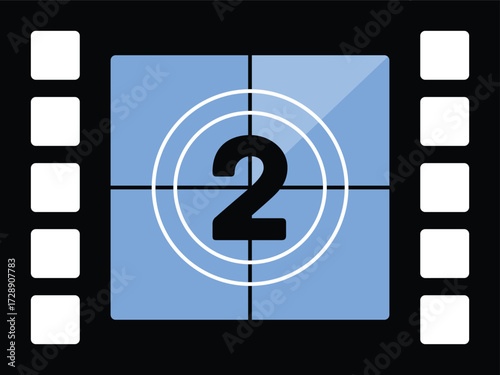 Classic Film Countdown Vector Number 2, Movie Countdown Screen Icon. Retro Film Reel. Film Strip Countdown with Number 2