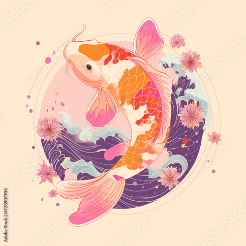Stylized colorful koi fish swimming amongst stylized flowers and waves on a round background