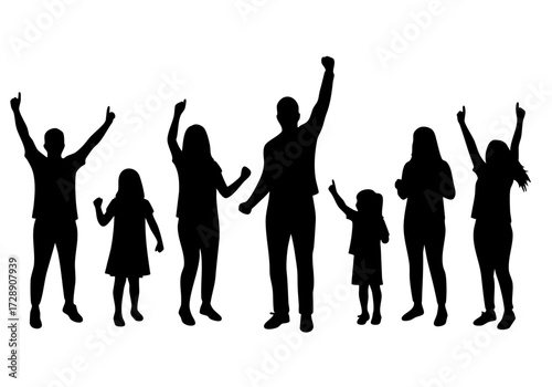 Silhouette of a happy family cheering together. 