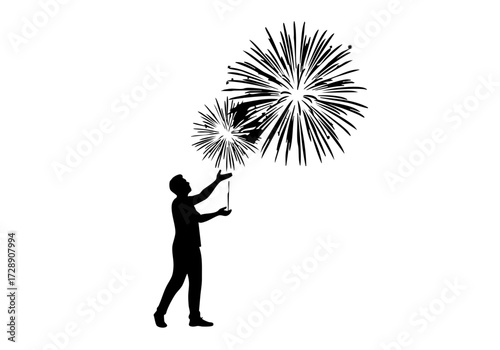 A silhouette of a person igniting fireworks. 
