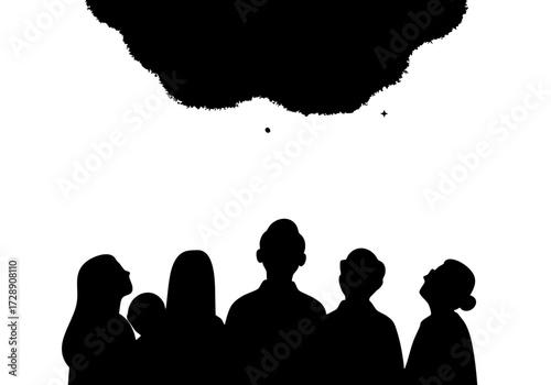 Silhouetted figures gazing up at an ominous cloud, creating a sense of mystery and contemplation.