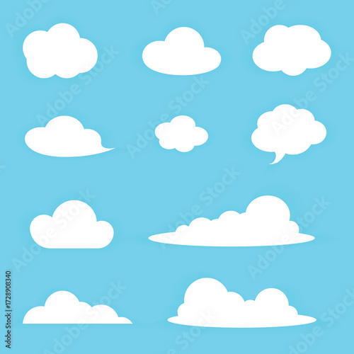 Vector set of different cartoon clouds in a flat design. Collection of Simple white cloud illustrations. Simple White Cloud on blue sky.