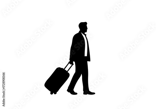 Man with rolling luggage silhouette ready for travel.