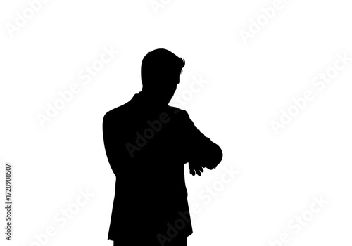 Silhouette of a man in a suit, checking his watch. 