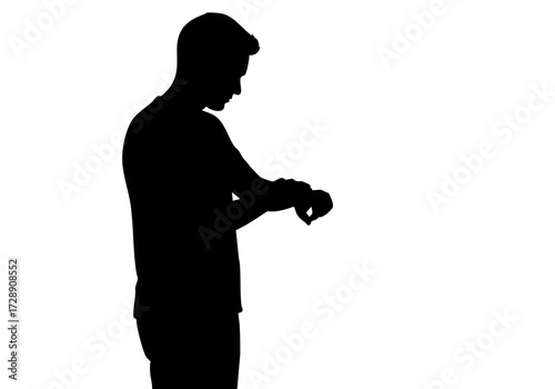 A silhouetted figure of a man looking at his wristwatch, highlighting a moment of anticipation and awareness.
