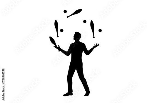 A skilled person juggling clubs and balls in a dynamic performance.