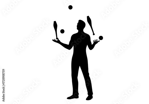 A Silhouette of a skilled person juggling balls and pins.