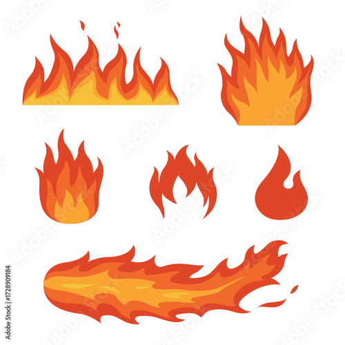 Vector Set of Fire Flames. Campfire. Bonfire Hand drawn. Summer Hot icons or hot weather symbol set. Red Fire border and seamless line.