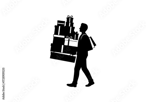 Silhouette of person carrying a large stack of gifts.