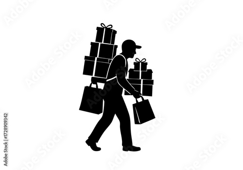 A delivery man carrying several gift boxes.