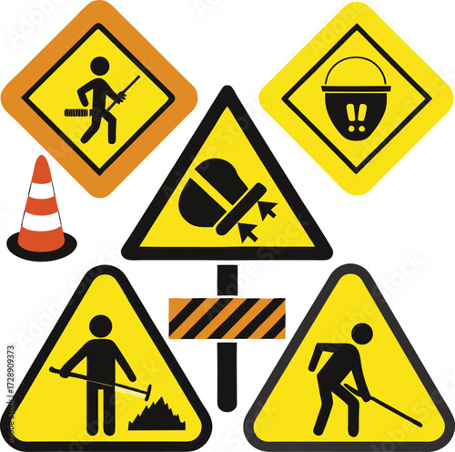 Detailed Construction and Maintenance Work Hazard Warning Signs Vector Set