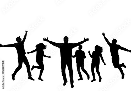 Silhouette of a group of excited people jumping and celebrating.