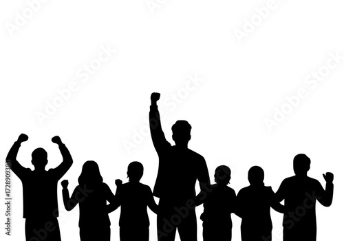 Silhouetted figures united, raising their arms in solidarity