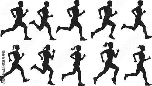 Silhouettes of runners, men and women jogging, fitness athletes, running poses illustration, sports activity vector, marathon training design elements