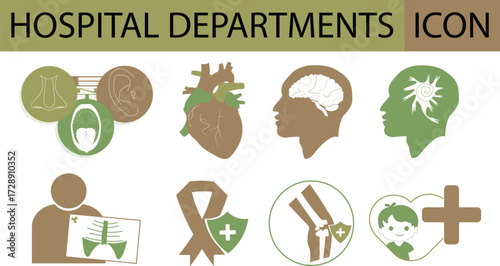 Hospital departments icon set featuring various medical specialties includes cardiology, neurology, radiology