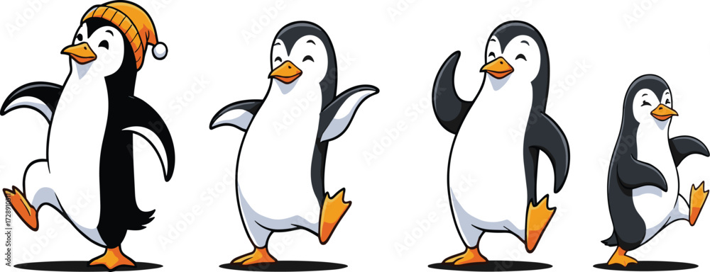 Obraz premium Cartoon penguins dancing in line, winter hat character, joyful animal illustration, playful pose, cute penguin march, fun movement, festive children’s design