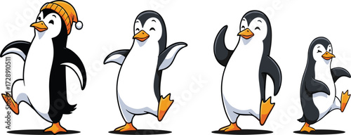 Cartoon penguins dancing in line, winter hat character, joyful animal illustration, playful pose, cute penguin march, fun movement, festive children’s design