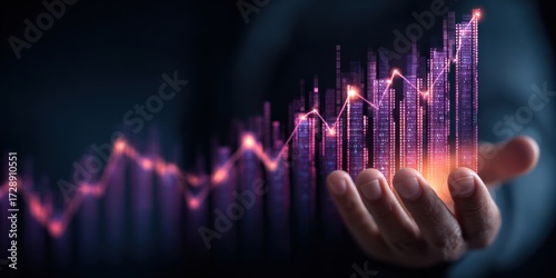 Confident hand presenting glowing digital growth chart depicting financial success and future prosperity in a modern abstract concept