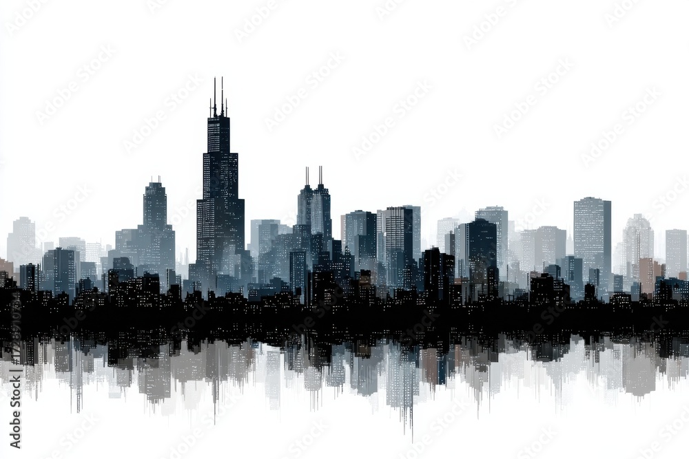 Fototapeta premium Stunning modern city skyline silhouette reflects beautifully on calm water, perfect for corporate and urban themes