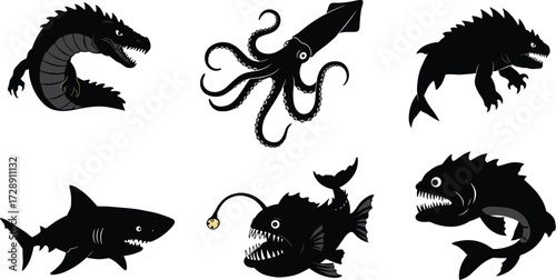 Deep sea monster silhouettes, mythical ocean creatures, scary sea animals, underwater predators, fantasy fish, squid, shark, anglerfish, dark marine illustration