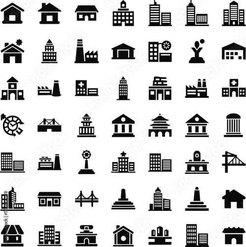 Collection of diverse building icons and silhouettes