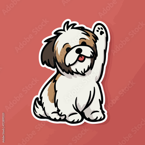 Cute cartoon dog with fluffy fur, light brown and white coloring, sitting and waving a paw