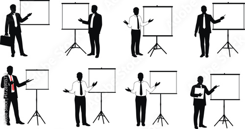 Business presentation silhouette, corporate professional, office worker, flip chart, leadership communication, teamwork discussion, workplace posture, 