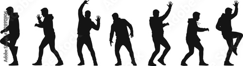 Dynamic hoodie silhouette poses, expressive dance movements, urban street style, black figure illustration, body language, motion sequence, choreography, youth culture, vector art