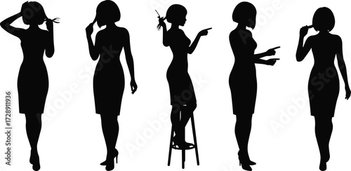 Female silhouette illustration, toothbrush gesture, personal grooming pose, expressive body language, black icon set, minimal design, hygiene activity, standing figure