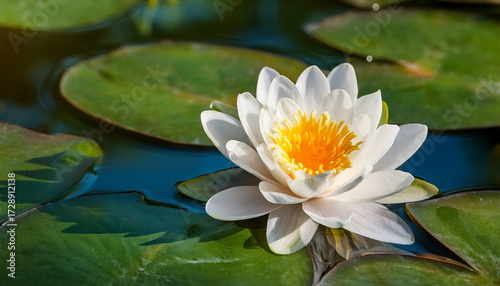 Wallpaper Mural Pristine White Water Lily Nymphaea With A Sunny Yellow Center Gracefully Blooming Among Lush Green Lily Pads On Tranquil Water Torontodigital.ca