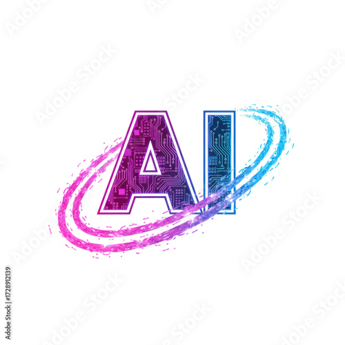 Futuristic artificial intelligence logo with vibrant neon circuitry design on transparent area