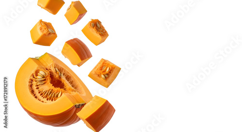 Konstfotografi Sliced pumpkin pieces falling isolated on transparent background