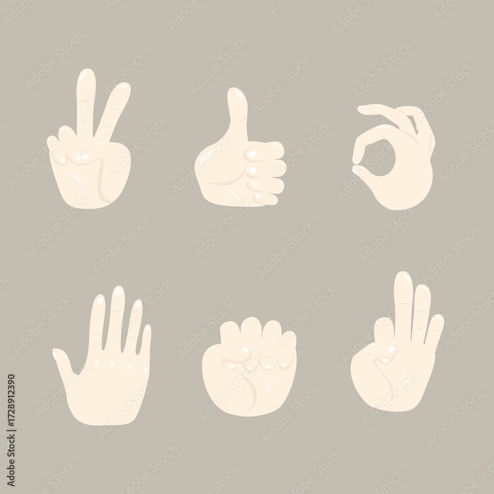 Fototapeta premium Hands poses. Hands in various gestures of pointing gestures, fingers crossed, fist, peace and thumb up. Cartoon human palms and wrist vector set. Communication or talking with emoji for messengers.