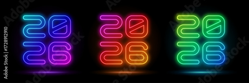3d render, blue neon 2026 digits set, empty space, ultraviolet light, 80's retro style, fashion show stage, abstract background, illuminate frame design. Abstract cosmic vibrant 2026 digits set backdr