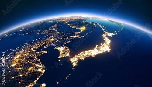 a breathtaking night view of earth from space brilliantly showcasing the illuminated cities of japan south korea and parts of china symbolizing global connectivity economic power