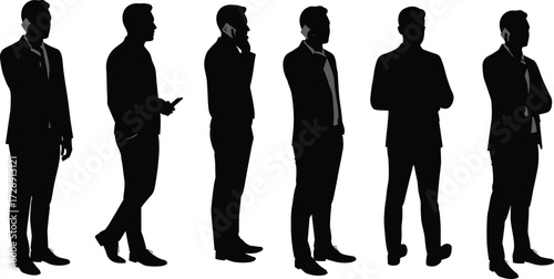 Businessman silhouette, corporate professional, office worker, executive posture, business communication, teamwork, leadership, mobile phone, standing pose, formal attire, success