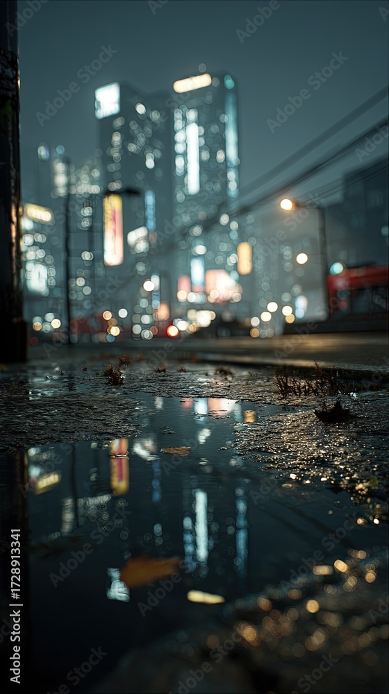 Fototapeta premium City Night Reflections On Wet Pavement