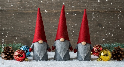 Playful holiday gnomes with red hats and festive decorations arranged on snow against a wooden background