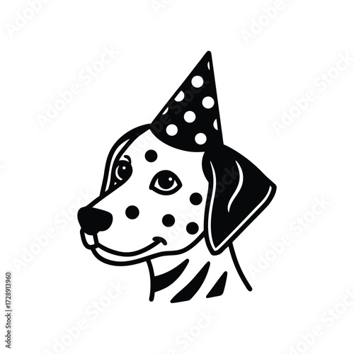 Dalmador head wearing playful party hat with confetti