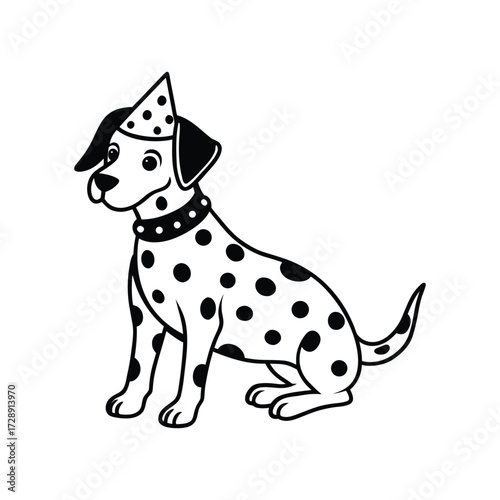 Dalmador tilting head wearing a colorful party hat