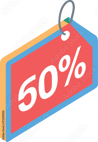 Discount Price Tag: A vibrant, eye-catching graphic of a price tag showcasing a prominent 50% discount, perfect for promotions and retail announcements.