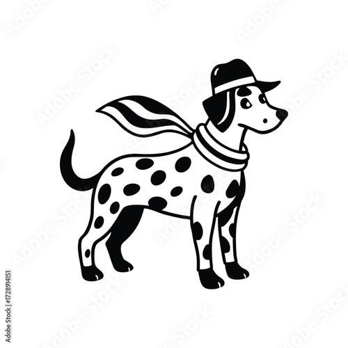 Dalmatian standing proudly fireman helmet perched on head
