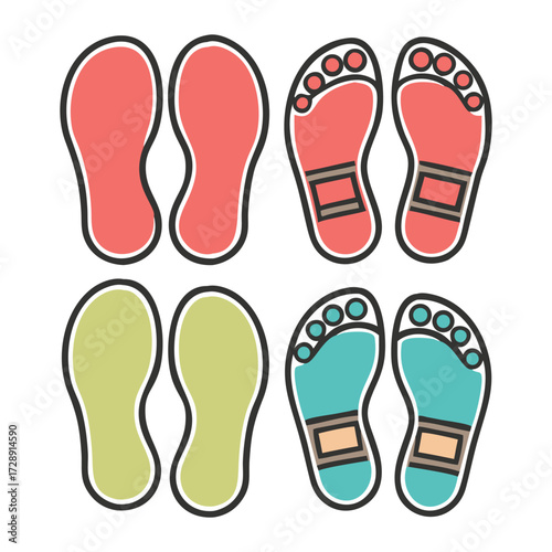 Four pairs of colorful shoe sole icons on white background