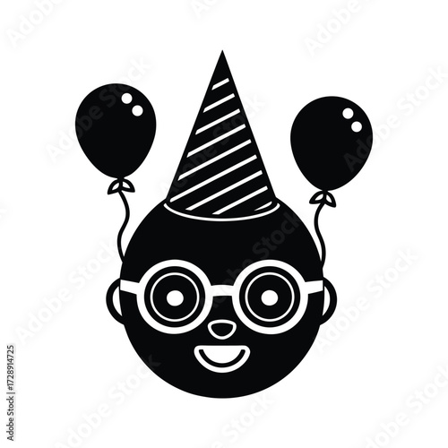 Daug head wearing tiny party hat glasses on nose